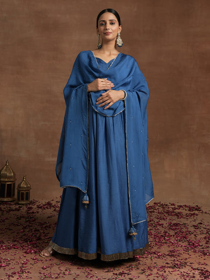 Blue Maternity Anarkali with Embellished Border & Dupatta