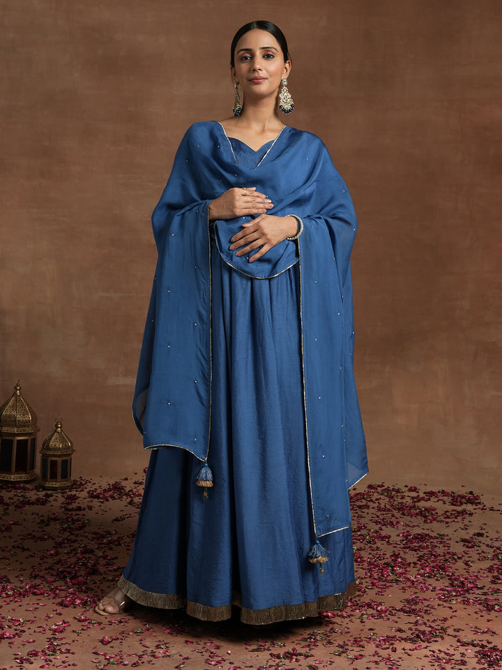 Blue Maternity Anarkali with Embellished Border & Dupatta