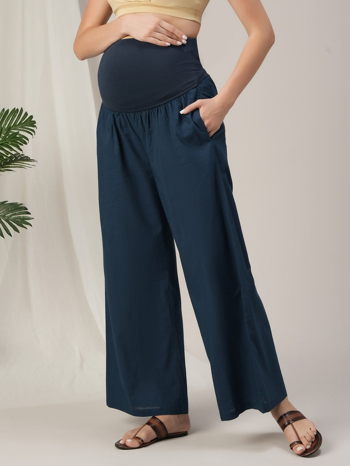 Blue Cotton Maternity & Nursing A-Line Kurta with Palazzo Set
