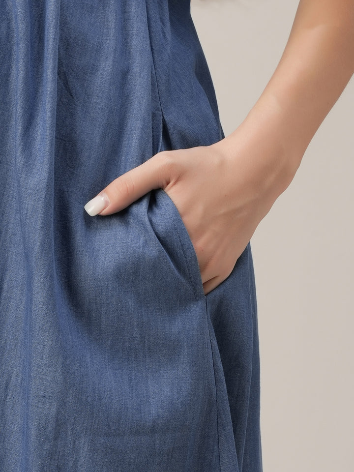 Maternity & Nursing Ruched Blue Denim Maxi Dress