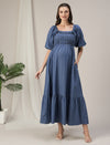 Maternity & Nursing Ruched Blue Denim Maxi Dress