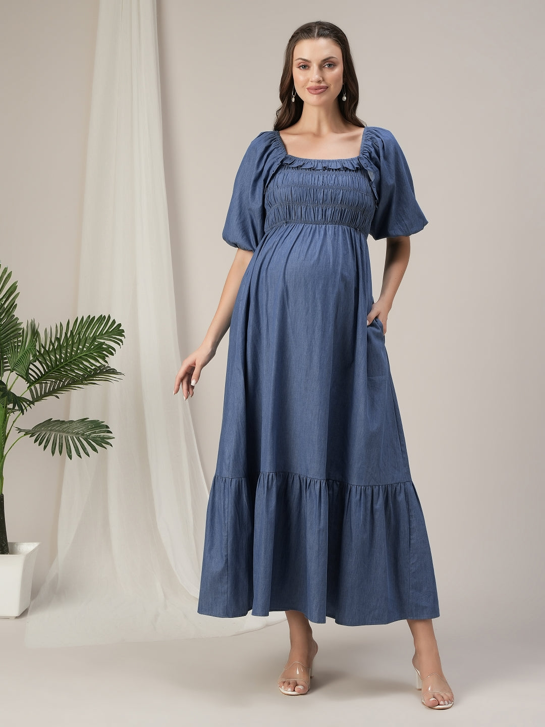 Blue Denim Maternity & Nursing Ruched Maxi Dress