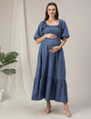 Maternity & Nursing Ruched Blue Denim Maxi Dress