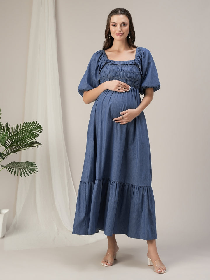 Maternity & Nursing Ruched Blue Denim Maxi Dress
