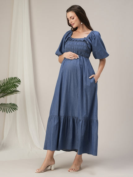 Blue Denim Maternity & Nursing Ruched Maxi Dress