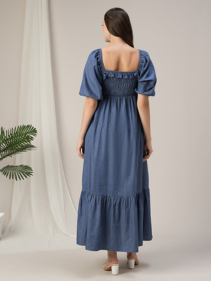 Maternity & Nursing Ruched Blue Denim Maxi Dress