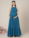 Blue Halter Sleeveless Party Maternity Maxi Dress