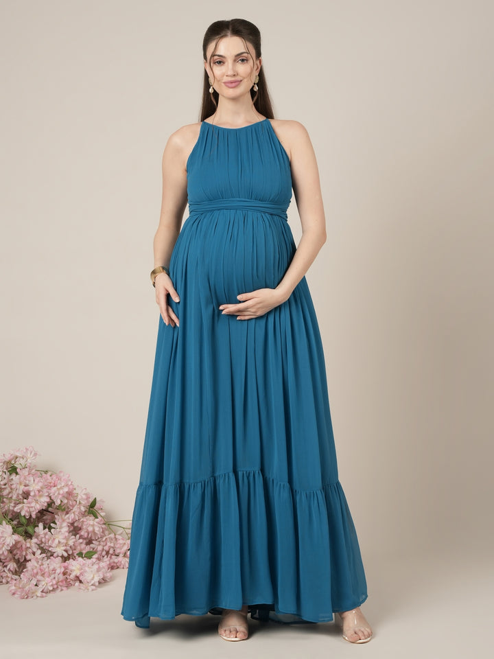Blue Halter Sleeveless Party Maternity Maxi Dress