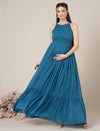 Blue Halter Sleeveless Party Maternity Maxi Dress