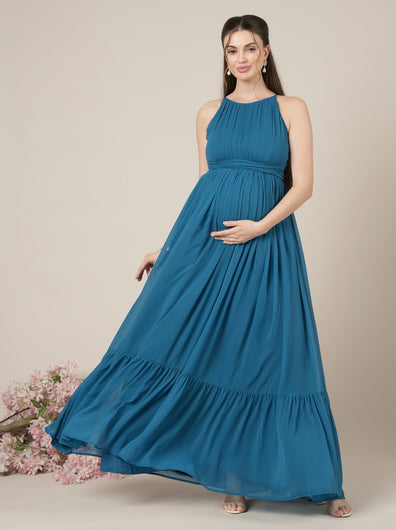 Blue Halter Sleeveless Party Maternity Maxi Dress