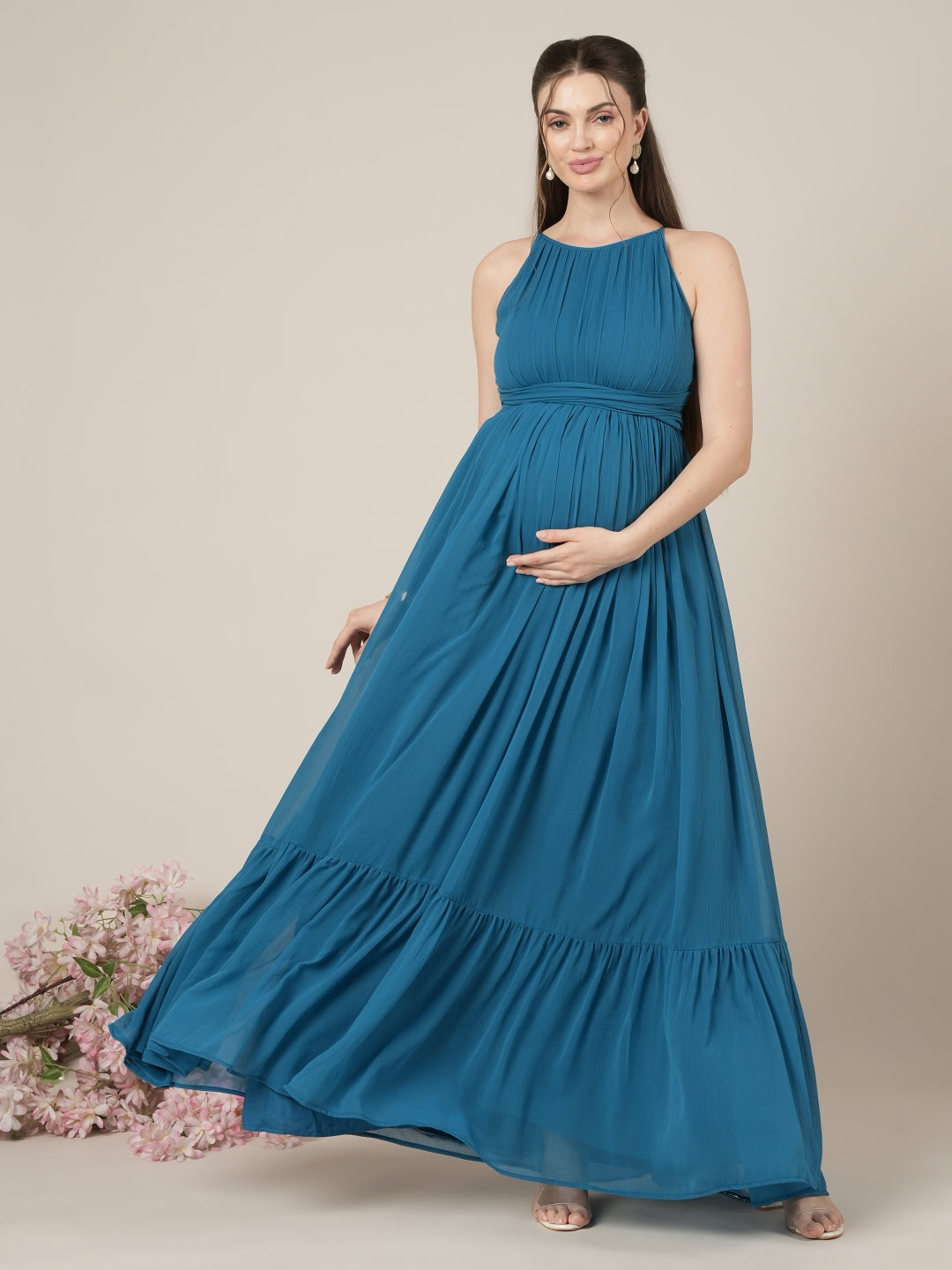Blue Halter Sleeveless Party Maternity Maxi Dress Blue Halter Sleeveless Party Maternity Maxi Dress