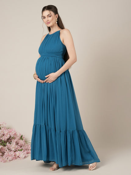 Blue Halter Sleeveless Party Maternity Maxi Dress