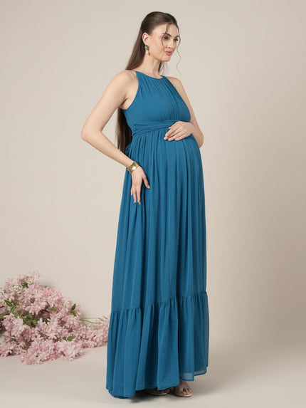 Blue Halter Sleeveless Party Maternity Maxi Dress