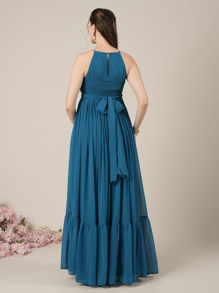 Blue Halter Sleeveless Party Maternity Maxi Dress