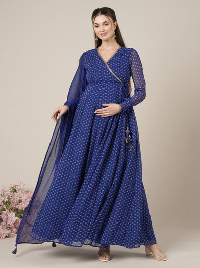 Blue Bandhani Maternity & Nursing Anarkali Gown with Dupatta