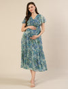 Maternity & Nursing Chiffon Teal Floral Maxi Dress