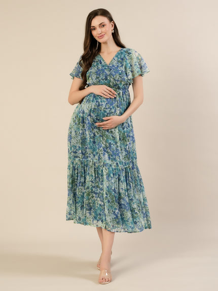 Maternity & Nursing Chiffon Teal Floral Maxi Dress