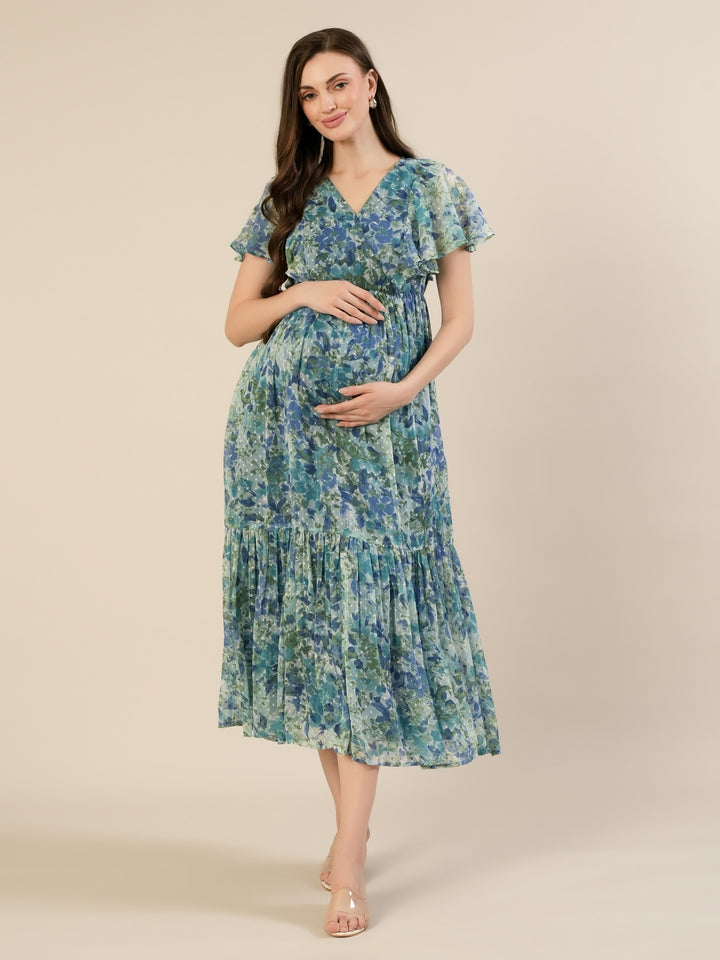 Maternity & Nursing Chiffon Teal Floral Maxi Dress