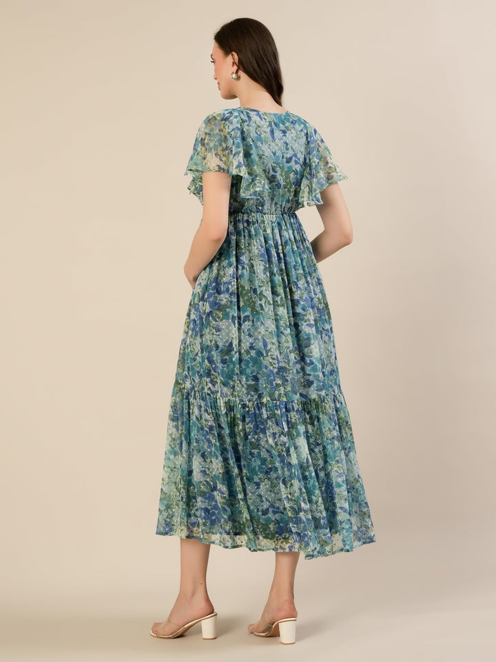 Maternity & Nursing Chiffon Teal Floral Maxi Dress