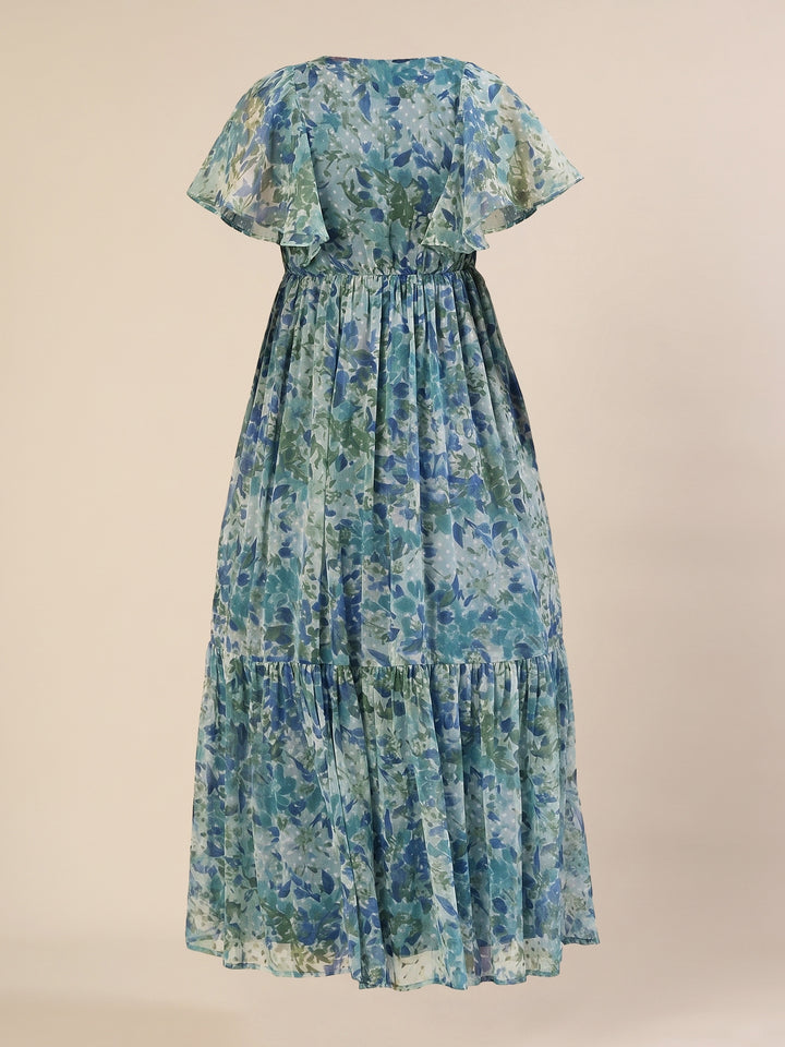 Maternity & Nursing Chiffon Teal Floral Maxi Dress
