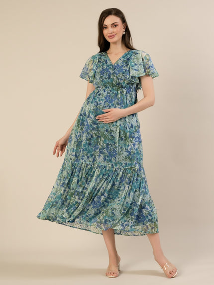 Maternity & Nursing Chiffon Teal Floral Maxi Dress