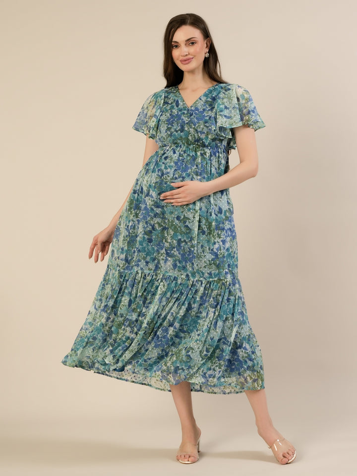 Maternity & Nursing Chiffon Teal Floral Maxi Dress