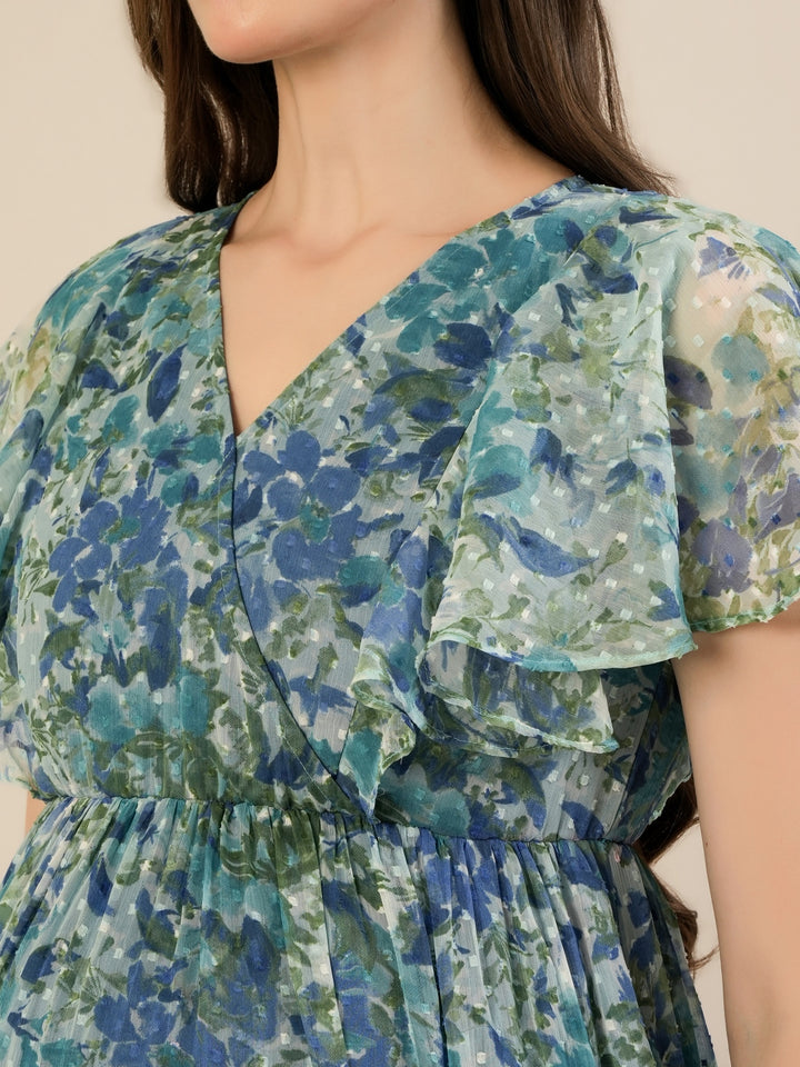 Maternity & Nursing Chiffon Teal Floral Maxi Dress