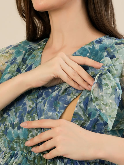Maternity & Nursing Chiffon Teal Floral Maxi Dress