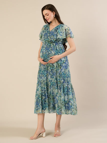 Maternity & Nursing Chiffon Teal Floral Maxi Dress