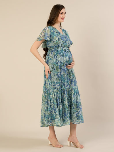 Maternity & Nursing Chiffon Teal Floral Maxi Dress