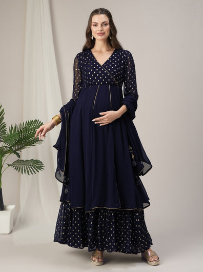 Blue Kalidaar Maternity & Nursing Flared Kurta with Dupatta