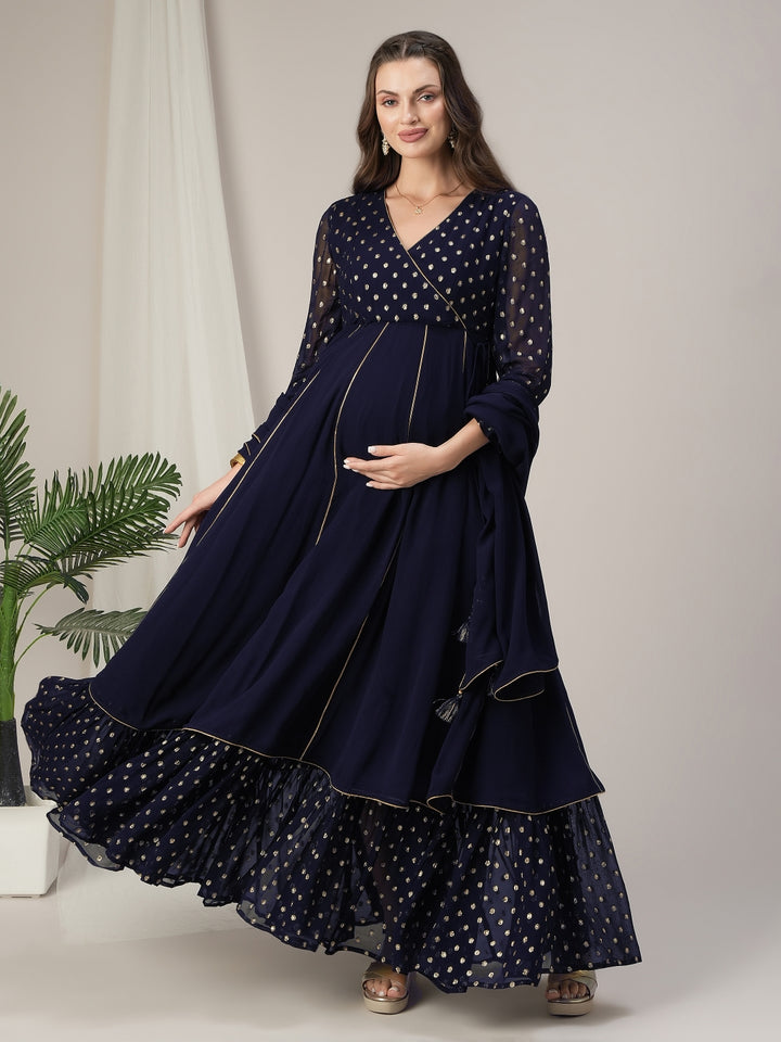 Blue Kalidaar Maternity & Nursing Flared Kurta with Dupatta