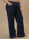 Plus-size woman in front right angle view wearing Blue Plus Size Bootcut Jeans with classic fit and flared hem