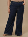 Plus-size woman in front view wearing Blue Plus Size Bootcut Jeans featuring high-rise waist and flared leg