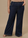 Plus-size woman in front view wearing Blue Plus Size Bootcut Jeans featuring high-rise waist and flared leg