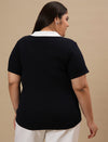 Plus-size woman in back side view wearing Blue Plus Size Collar T-Shirt featuring relaxed fit and curved hem