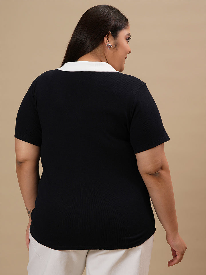 Plus-size woman in back side view wearing Blue Plus Size Collar T-Shirt featuring relaxed fit and curved hem