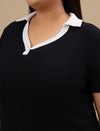 Close-up view of Blue Plus Size Collar T-Shirt showing collar detail and soft fabric texture