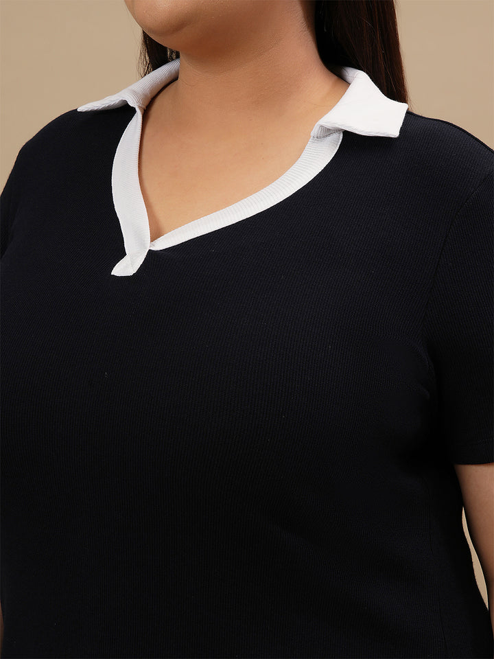 Close-up view of Blue Plus Size Collar T-Shirt showing collar detail and soft fabric texture