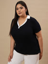 Plus-size woman in front left angle view wearing Blue Plus Size Collar T-Shirt with short sleeves and classic collar