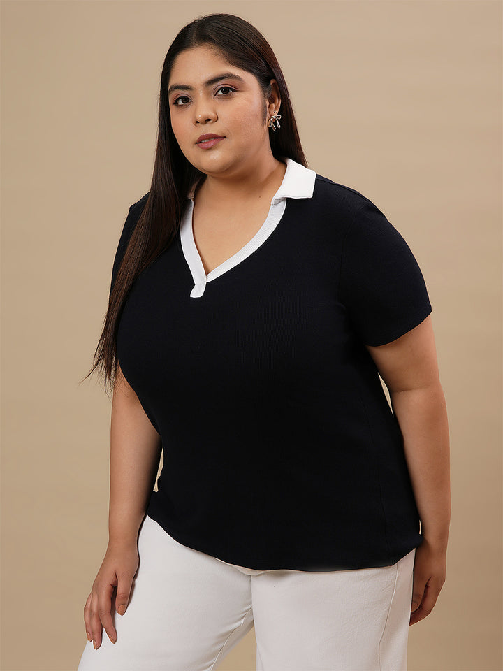 Plus-size woman in front left angle view wearing Blue Plus Size Collar T-Shirt with short sleeves and classic collar