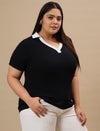 Plus-size woman in front right angle view wearing Blue Plus Size Collar T-Shirt with structured collar and casual cut