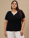 Plus-size woman in front view wearing Blue Plus Size Collar T-Shirt with short sleeves and collared neckline