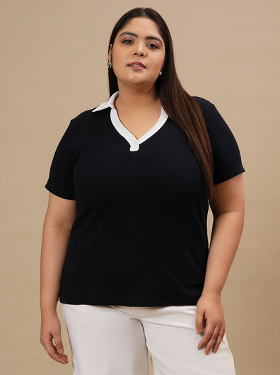 Plus-size woman in front view wearing Blue Plus Size Collar T-Shirt with short sleeves and collared neckline