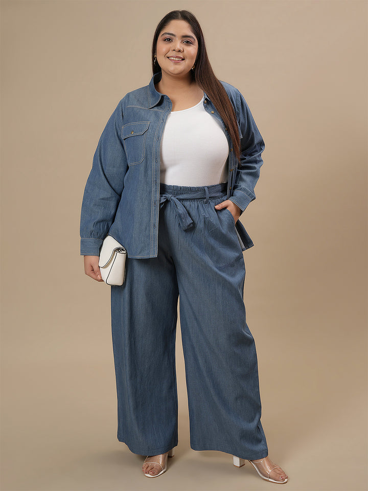 Women’s Plus Size Blue Denim Shirt Long Sleeves
