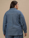 Plus-size woman in back view wearing Blue Plus Size Denim Shirt with straight hem and casual denim finish