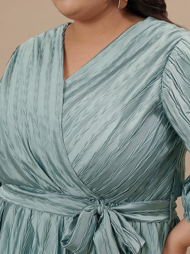 Close-up view of Blue Plus Size Satin Dress showing satin texture and neckline detail