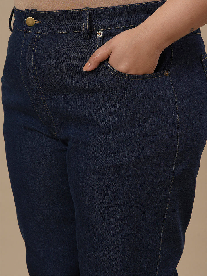 Close-up view of Blue Plus Size Straight Fit Jeans showing mid-rise waist and straight leg design