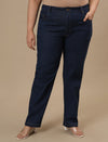 Plus-size woman in front view wearing Blue Plus Size Straight Fit Jeans with mid-rise waist and straight leg design
