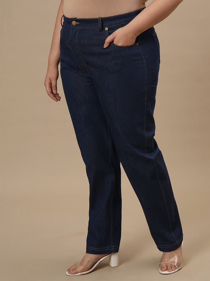Plus-size woman in left side view wearing Blue Plus Size Straight Fit Jeans with mid-rise waist and straight leg design